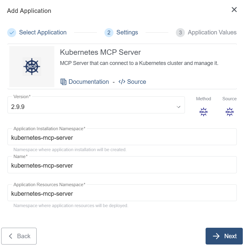 Settings for Kubernetes MCP Server Application