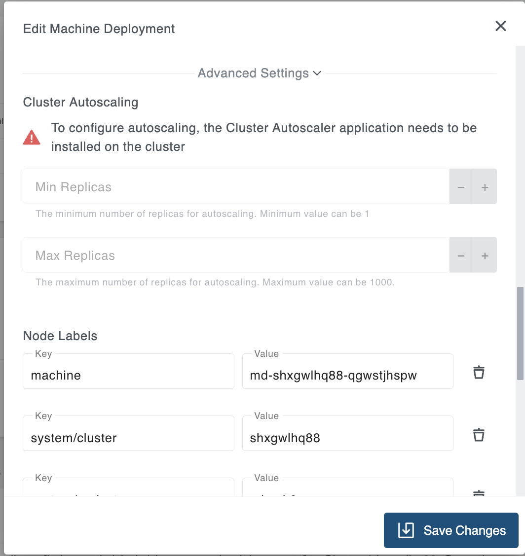 Machine deployment overview with opened edit modal